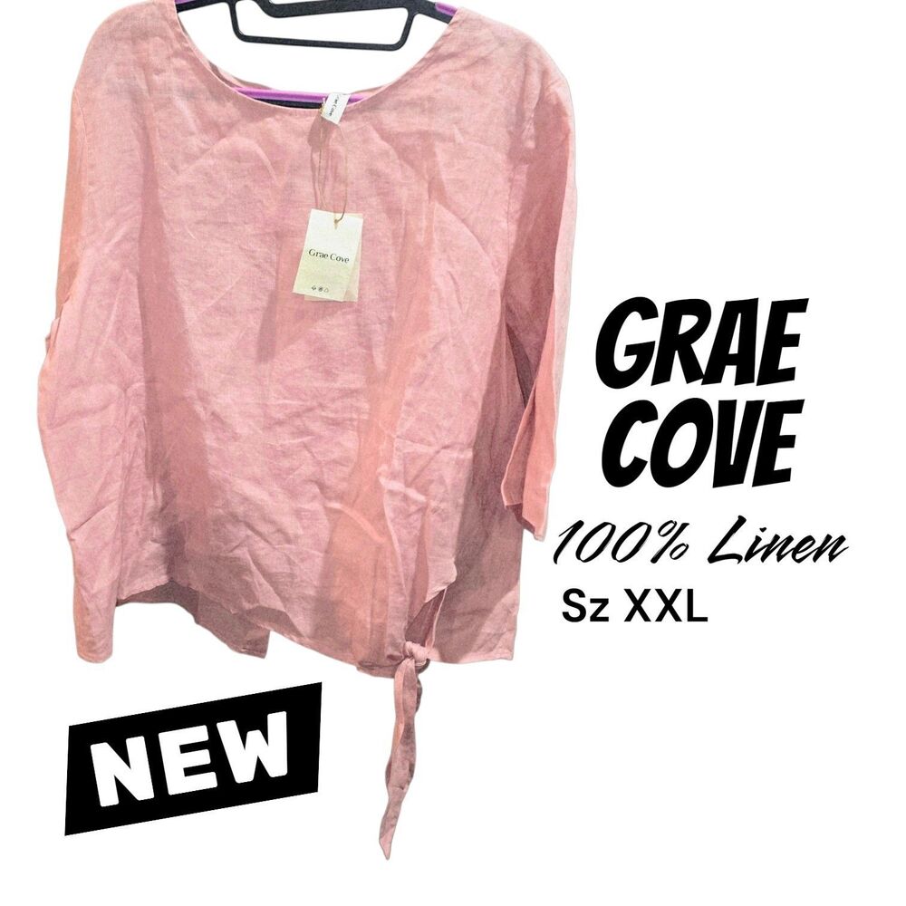 Grae Cove NWT XXL 100% Linen Pink ¾ Sleeve Tie Front Waist Button Back Blouse